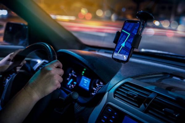 Phone based GPS in a car at night.